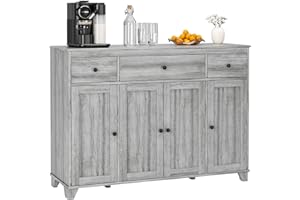 HIFIT Buffet Cabinet Farmhouse Sideboards Storage Cabinet with 3 Drawers & 4 Doors Adjustable Shelves, 47" Rustic Coffee Bar Cabinet, Wood Accent Cabinet for Kitchen Cupboard Dining Living Room