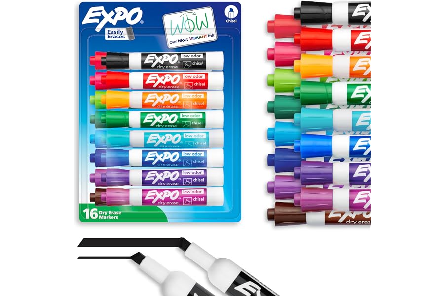 EXPO Dry Erase Markers, Low Odor Ink, Assorted Colors, Chisel Tip, 16 Count - Whiteboard, Calendar, Organization, Back to School, Teacher Supplies