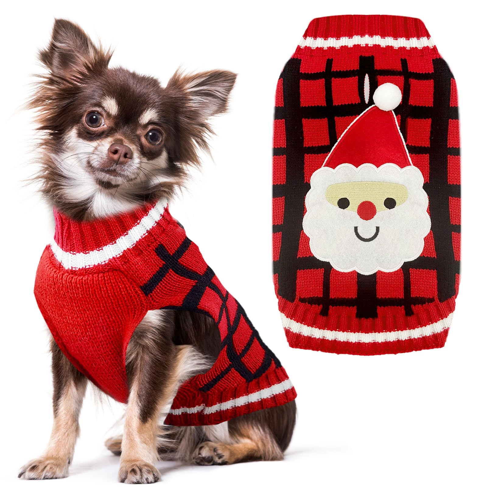HRTTSY Dog Christmas Jumper with Harness Hole Red Plaid Santa Doggie Outfits Sweater for Small Medium Large Dogs Cats Warm Fall Winter Puppy Clothes Vest Pet Holiday New Year Costume, Small