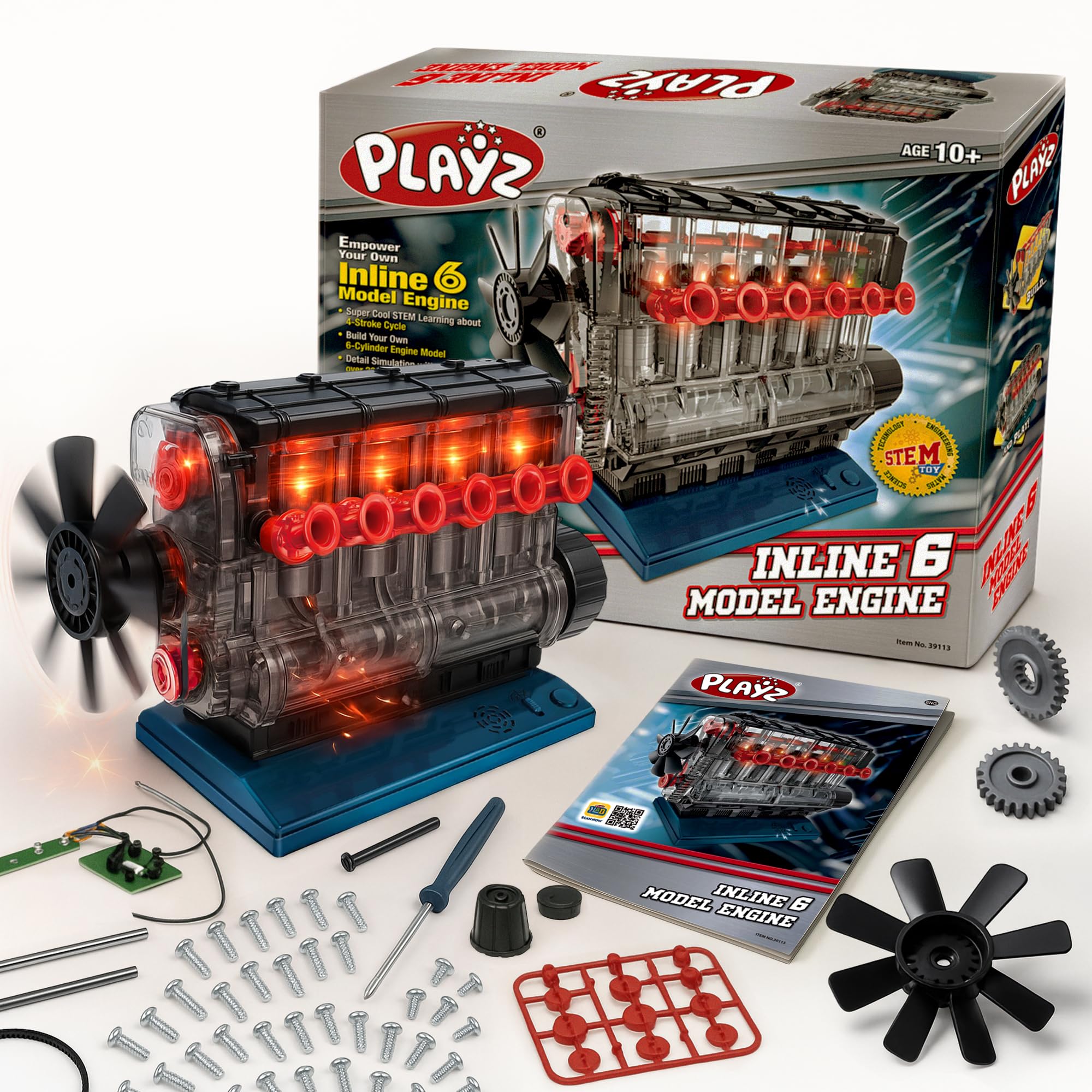 Photo 1 of Playz Inline 6 Engine Model Kit - Build Your Own STEM Inline 6 Small Engine That Runs Kit for Adults & Kids Age 10-12+, Visible Inline 6 Mini Engine Kit That Works for Adult w/ 230 STEM Parts