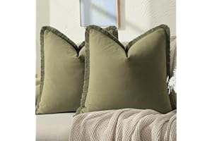 ZWJD Pillow Covers 18x18 Set of 2 Army Green Throw Pillow Covers with Fringe Chic Cotton Decorative Pillows Square Cushion Covers for Sofa Couch Bed Living Room Farmhouse Boho Decor