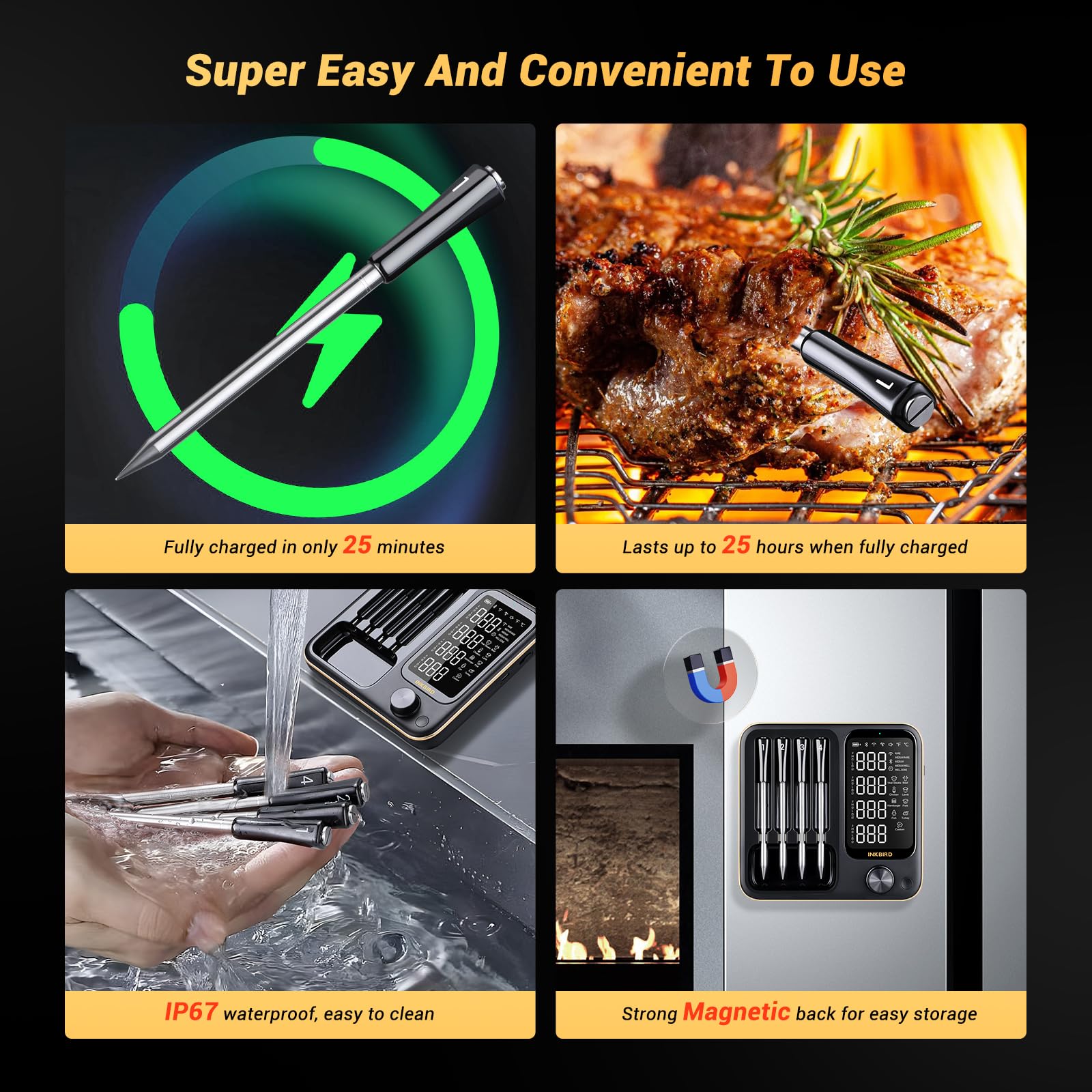 Inkbird INT-14-BW Fleischthermometer kabellos, Smart Grillthermometer WIFI 2.4G und Bluetooth 5.4 Signal 91m, Backofenthermometer Thermometer für Ofen, Grill, Smoker, Rotisserie Airfryer Ofen 5