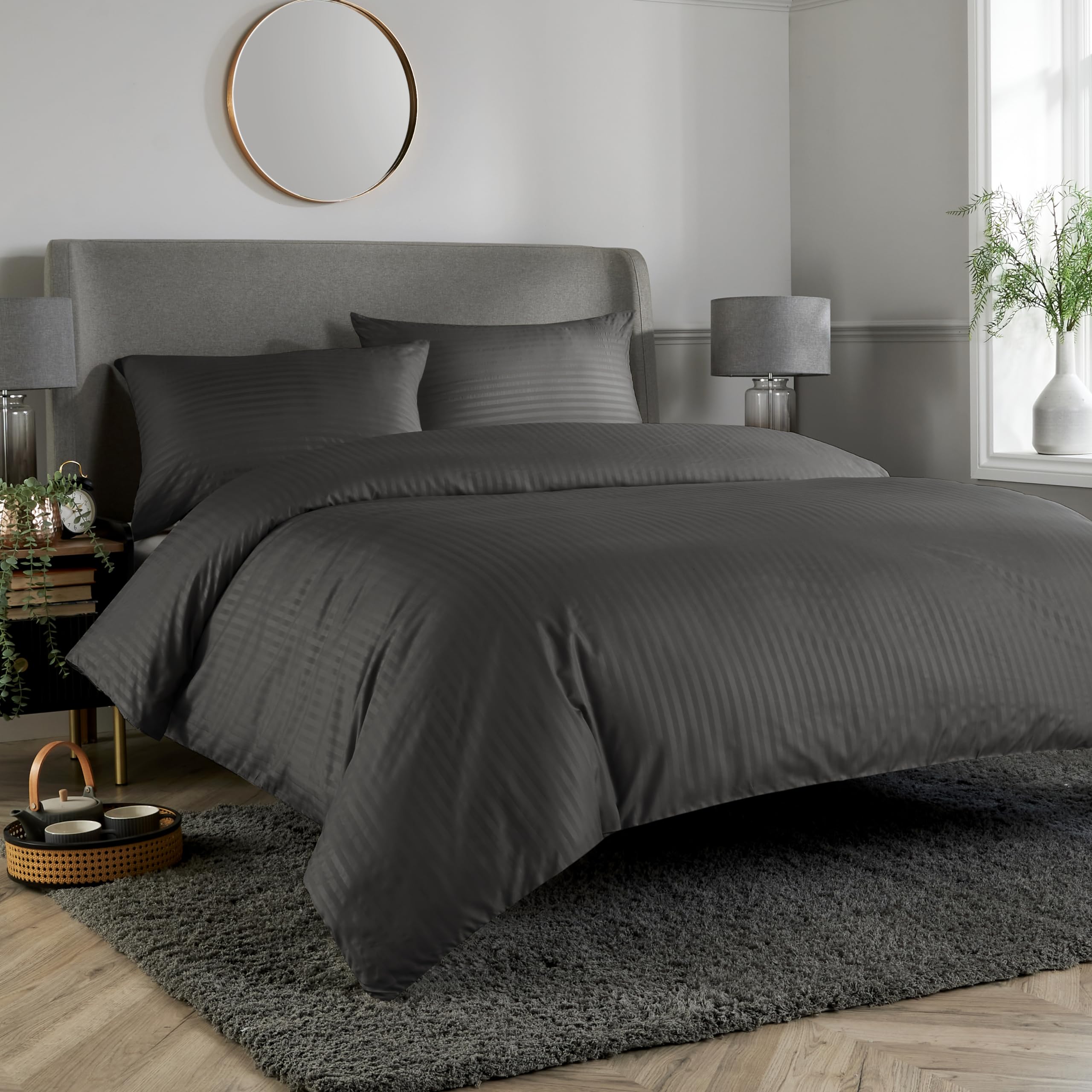 Olivia Rocco Mayfair Stripe Duvet Cover Set Easy Care Satin Stripes Comforter Reversible Bedding Quilt Covers With Pillowcases, Double Grey