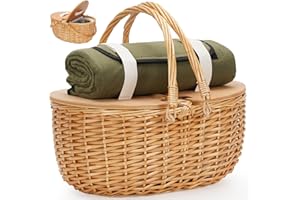 ZORMY 15" Cooler Picnic Basket with Blanket, Wooden Split Lid Picnic Basket, Vintage-Style Wicker Picnic Hamper with Folding Woven Handle for Picnic, Camping