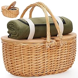 Cooler Picnic Basket with Blanket, Wooden Split Lid