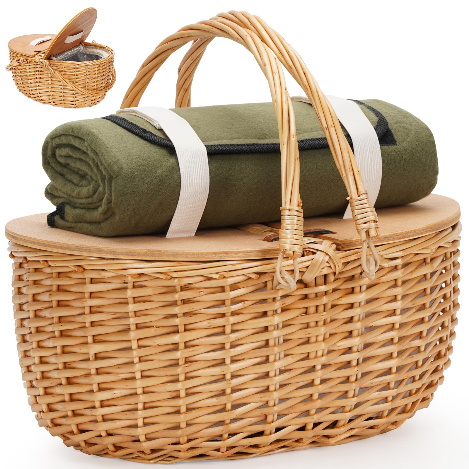 Cooler Picnic Basket with Blanket, Wooden Split Lid