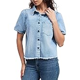 LifeShe Short Sleeve Denim Shirt for Women Summer Button Down Chambray Blouses Fringe Hem Jean Tops