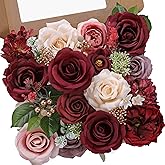 Serwalin Burgundy Artificial Flowers Combo, Fake Cake Rose with Stems for DIY Wedding Bouquets,Table Centerpieces Floral Arrangements Home Party Valentines Decor