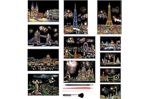 Georgie Porgy Scratch Paper Art A4 Set for Kids Adults Magic Rainbow Scratch Postcards Boards for DIY Arts and Crafts Kits Christmas Birthday Gift with Scratching Tools Kit (Beauty+Fireworks City)