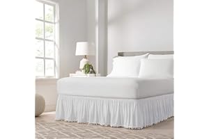 Easy FIT Pom Pom Elastic Wrap Around Bed Skirt, Easy On/Off Dust Ruffle (18 Inch Drop), Twin/Full, White