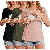 Ekouaer Womens Nursing Tops 3 Pack Double Layer Breastfeeding Shirts Short Sleeve Maternity Clothes S-XXL