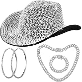 Hercicy Cowgirl Outfit for Women Silver Rhinestone Cowboy Hat with Bling Cuban Link Chain Necklace Bracelet Circle Earring