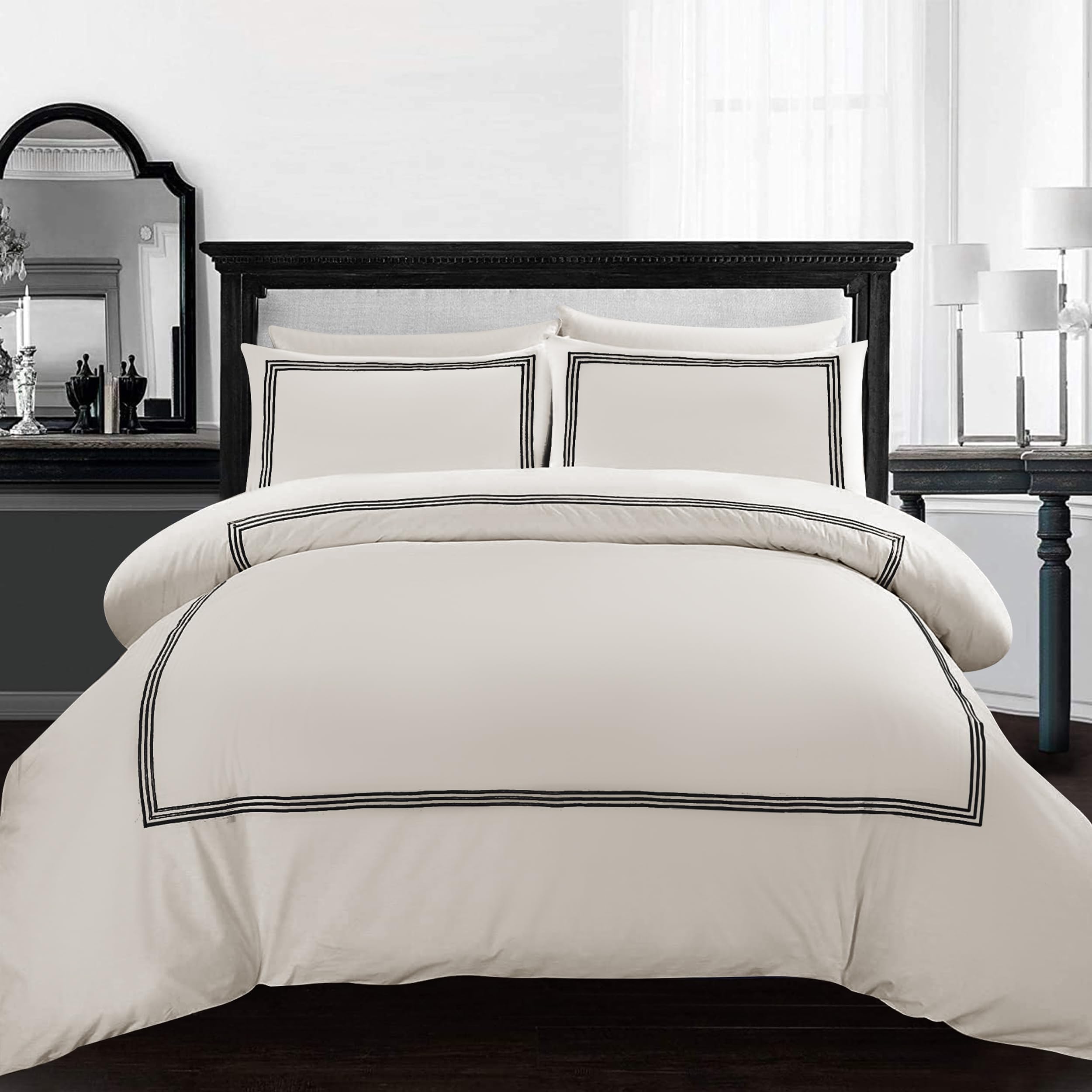 AR Ware Single Duvet Cover Set - Soft Luxury Bratta Stitch Embroidered Microfiber Duvet Sets with 2 Pillowcases - Non Iron Bedding Hotel Quality Quilt Cover (Cream/Black) โ image 1