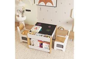MILLELOOM Kids Table and Chair Set, 4 in 1 Wooden Activity Table & 2 Chairs with Storage Drawer Detachable Tabletop for Toddlers Kids Drawing, Reading, Crafts, Art,Homework, Nursery, Playroom