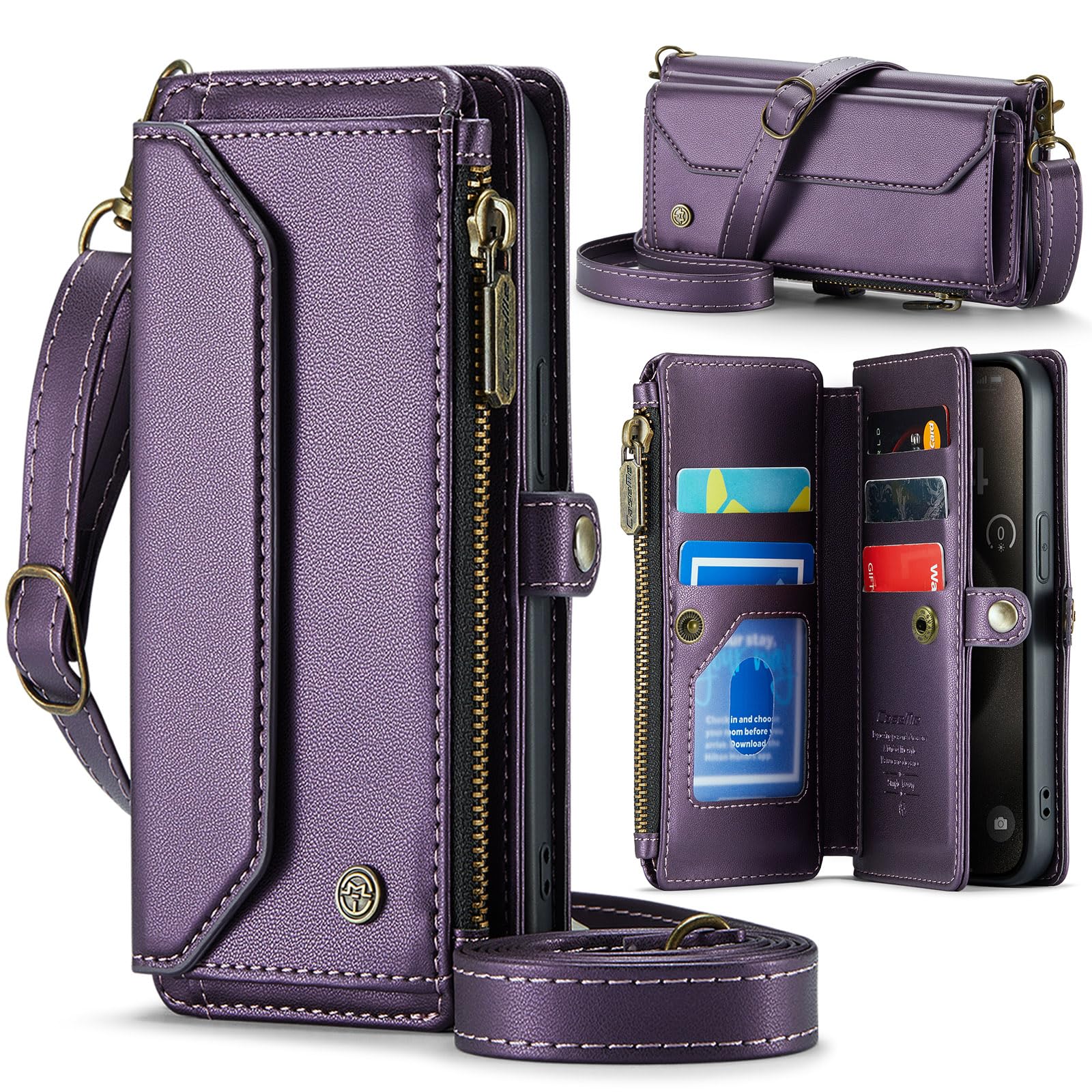 Unichthy For iPhone 16 Case for Women with Crossbody Strap + Wrist Strap Shockproof Premium Leather Flip Wallet Handbag Zip Purse 5 Card Slots Clutch Bag for iPhone 16 Purple