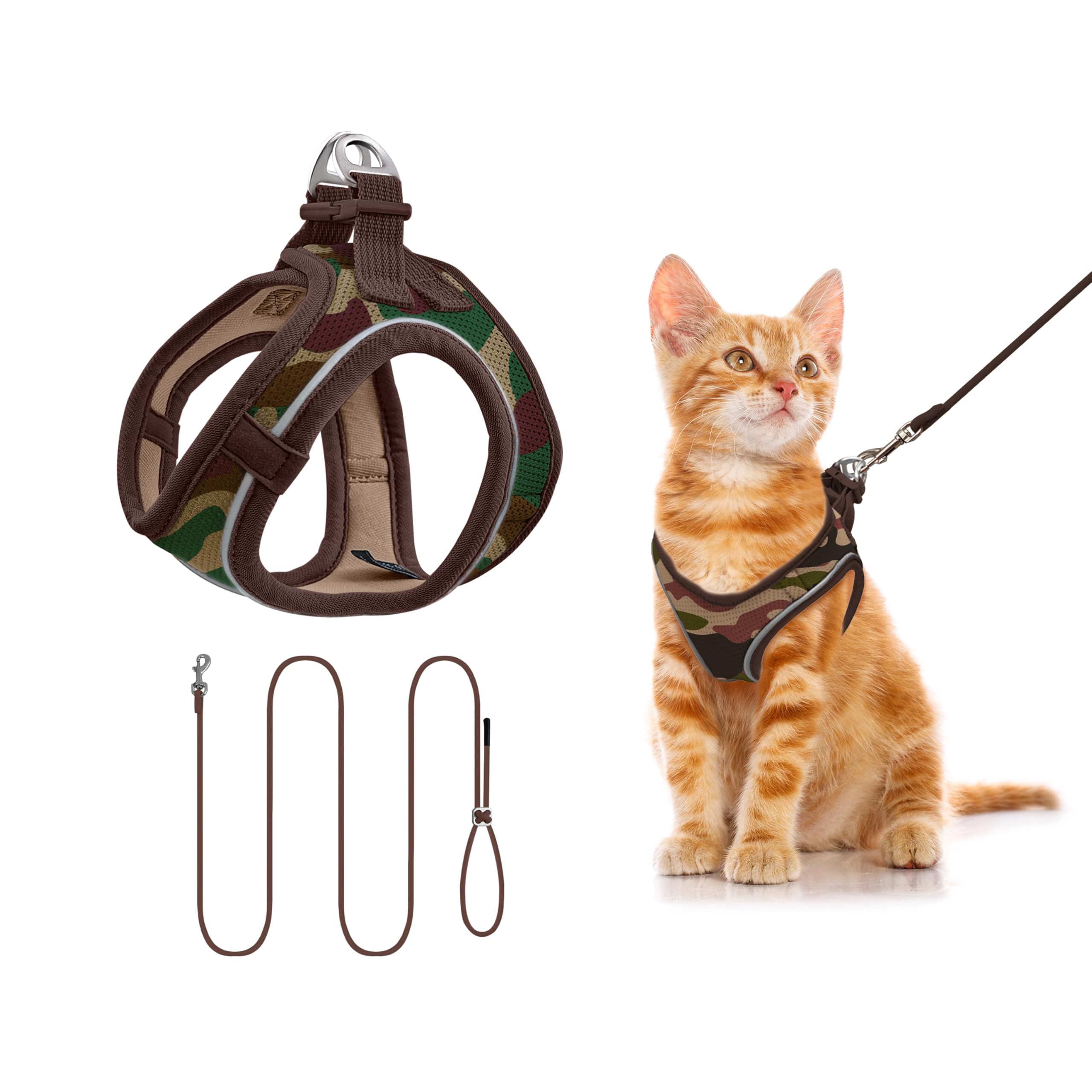 Qianruida Cat Harness and Lead, Adjustable with Reflective Strips, Easy to Put On, Universal for Cat/Puppy (Camouflage XS)