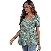 Floerns Women's Maternity V Neck Short Sleeve Button Front Peplum Blouse Top