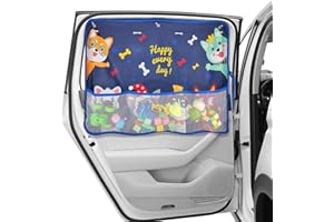 DIZA100 Car Sun Shade for Window Baby, Full Shade Car Window Shades with Storage Net Pocket Car Window Curtain 7 Suction Cups Cute Patterns for Sun/Heat/UV Rays Protection Kids (Blue-Cute Dogs)