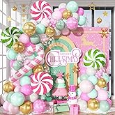 Christmas Balloon Arch Kit 104Pcs Pastel Pink Green Gold Xmas Balloons Garland with Candy Cane Pinwheel Foil Balloons Nut Sugar Sweets Fairy Snow Ice Winter Onederland Holiday Party Decorations Girls