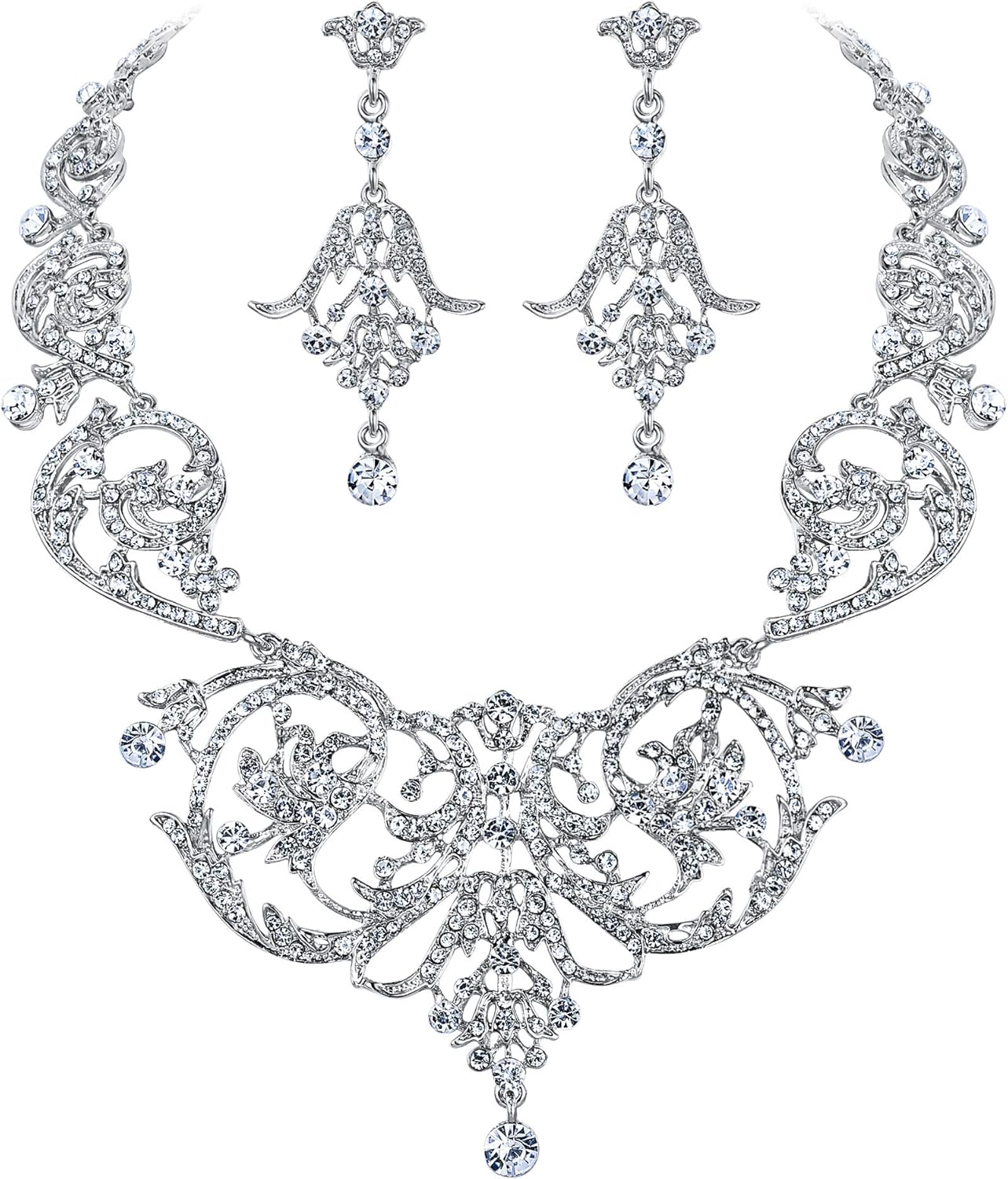 Amazon Com Ever Faith Bridal Silver Tone Art Deco Flower Leaf Necklace Earrings Set Clear Austrian Crystal Jewelry Sets Jewelry