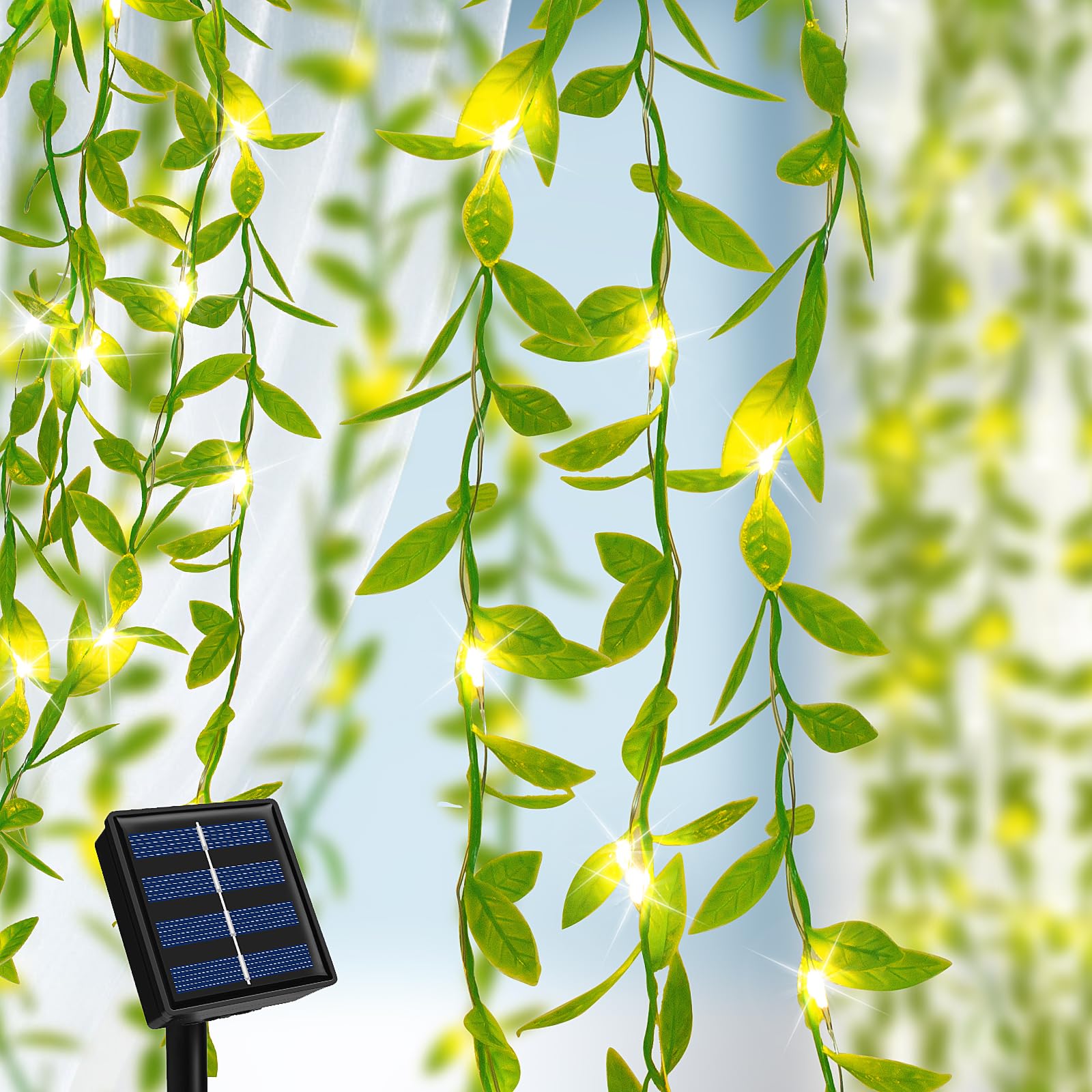 Solar String Lights, 10m 100 LED Solar Ivy String Lights, 8 Modes Artificial Willow Leaves Fairy Lights Outdoor, Waterproof Solar Lights Outdoor Garden for Christmas Wedding Party Room Decoration — image 1