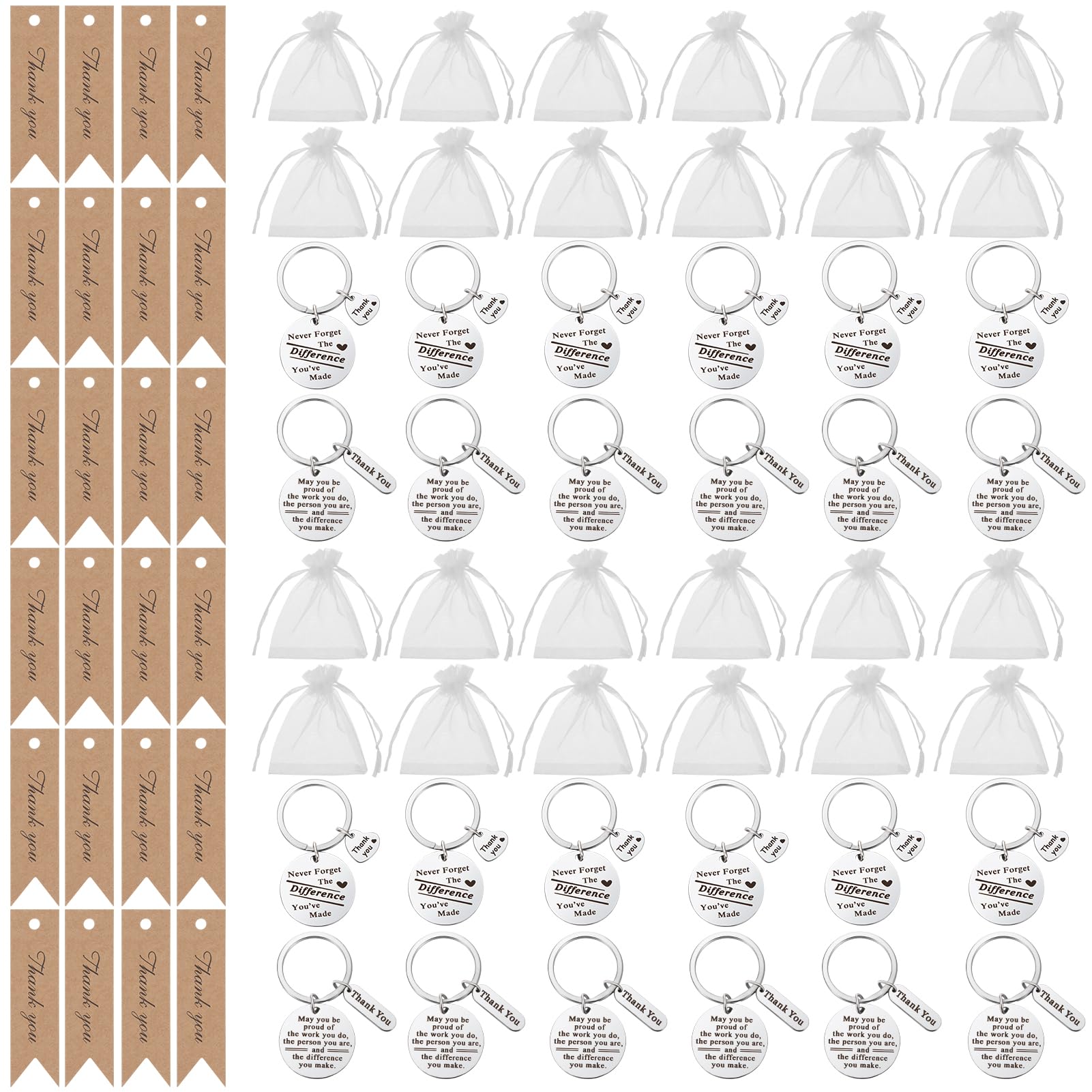 FRIUSATE 72 Pcs Thank You Keychain Gifts, Inspirational Thank You Keyrings with Cards Organza Bags Appreciation Leaving Gifts for Teacher Colleagues Nurse Employee