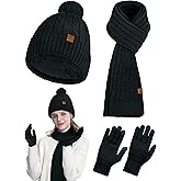 Horolam Winter Hat Scarf Gloves Set, Warm Knit Beanie Hat with Pom Pom Touch Screen Gloves for Women