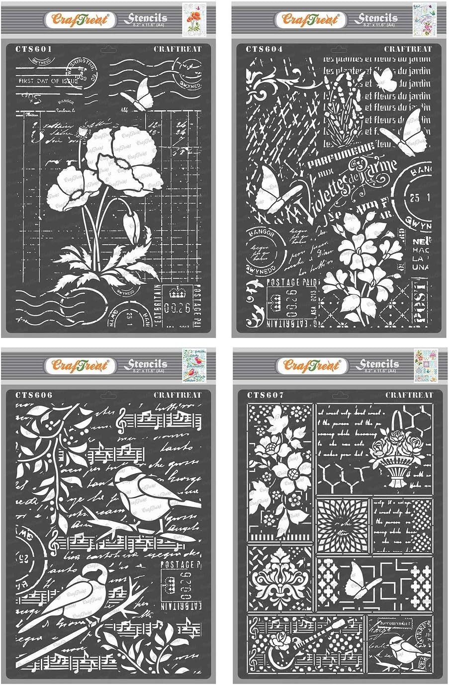 CrafTreat Mixed Media Stencils for Crafts Reusable Vintage, Ledger Poppy, Flower Collage, Bird Song and Bits &Pieces (4Pcs)