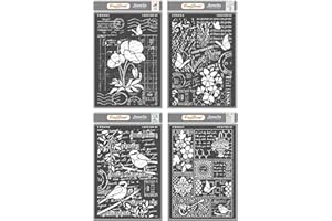 CrafTreat Stencils for Painting on Wood, Canvas and Fabric - Ledger Poppy, Flower Collage, Bird Song & Bits and Pieces - 4 Pcs - Size: A4 (8.3 x 11.7 Inch) Each - Reusable DIY Art and Craft Stencils