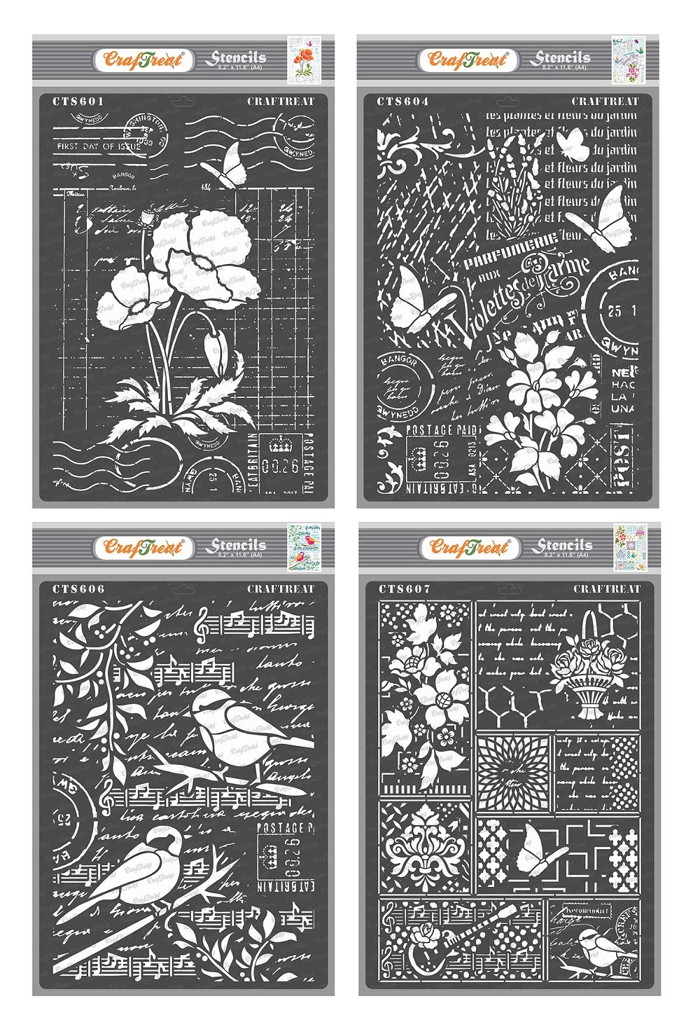CrafTreat Mixed Media Stencils for Crafts Reusable Vintage - Ledger Poppy, Flower Collage, Bird Song and Bits &Pieces (4Pcs) - Size: A4 - Floral Stencils for Furniture Painting