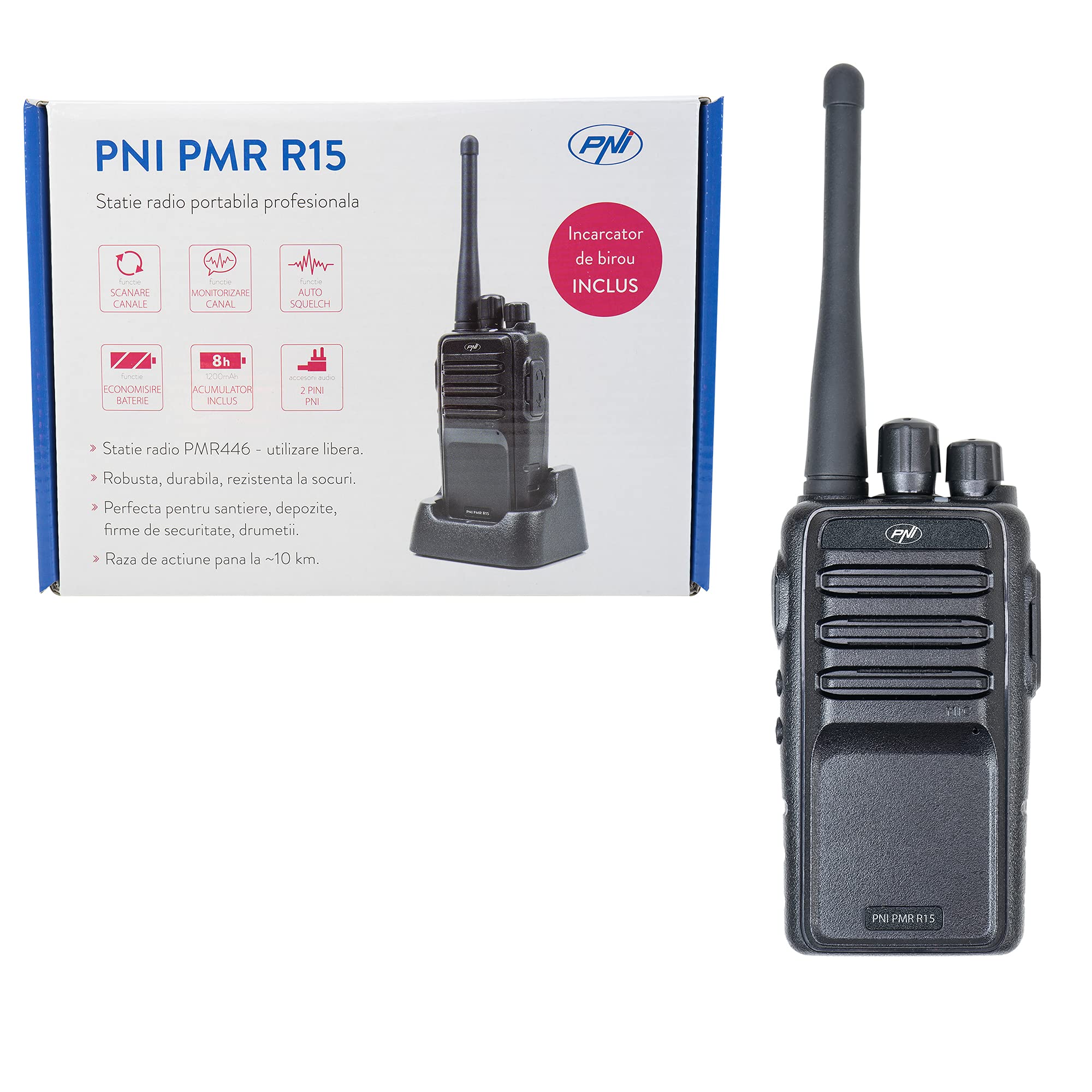 Professional portable radio PNI PMR R15 0.5W, ASQ, TOT, CTCSS-DCS, Monitor, 1200mAh, Programmable