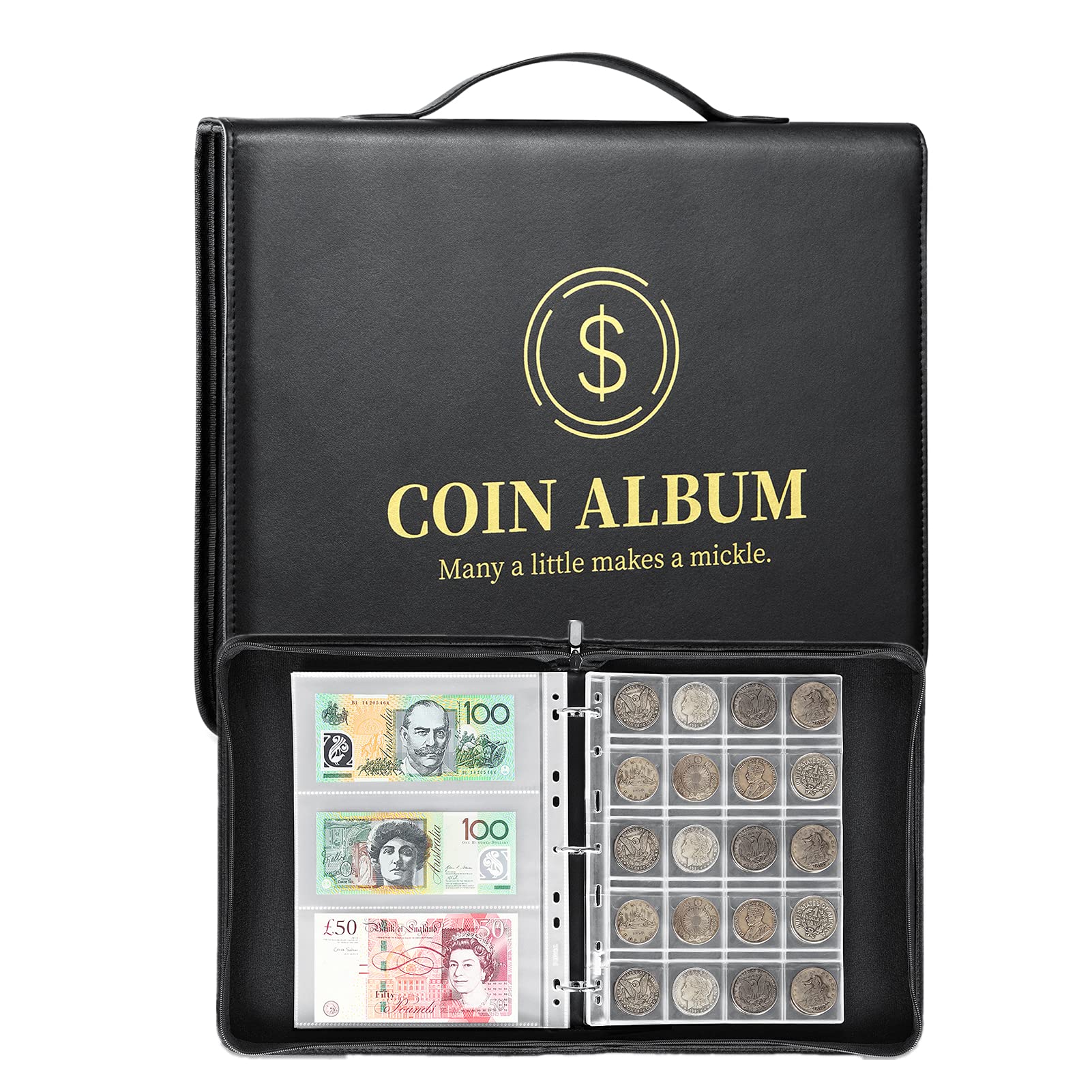 MUROAD 310 Pockets Coin and Currency Collecting Starter Binder, 50P Coin Album Holder with Zipper and Handle,Collection Book Supplies for Collectors