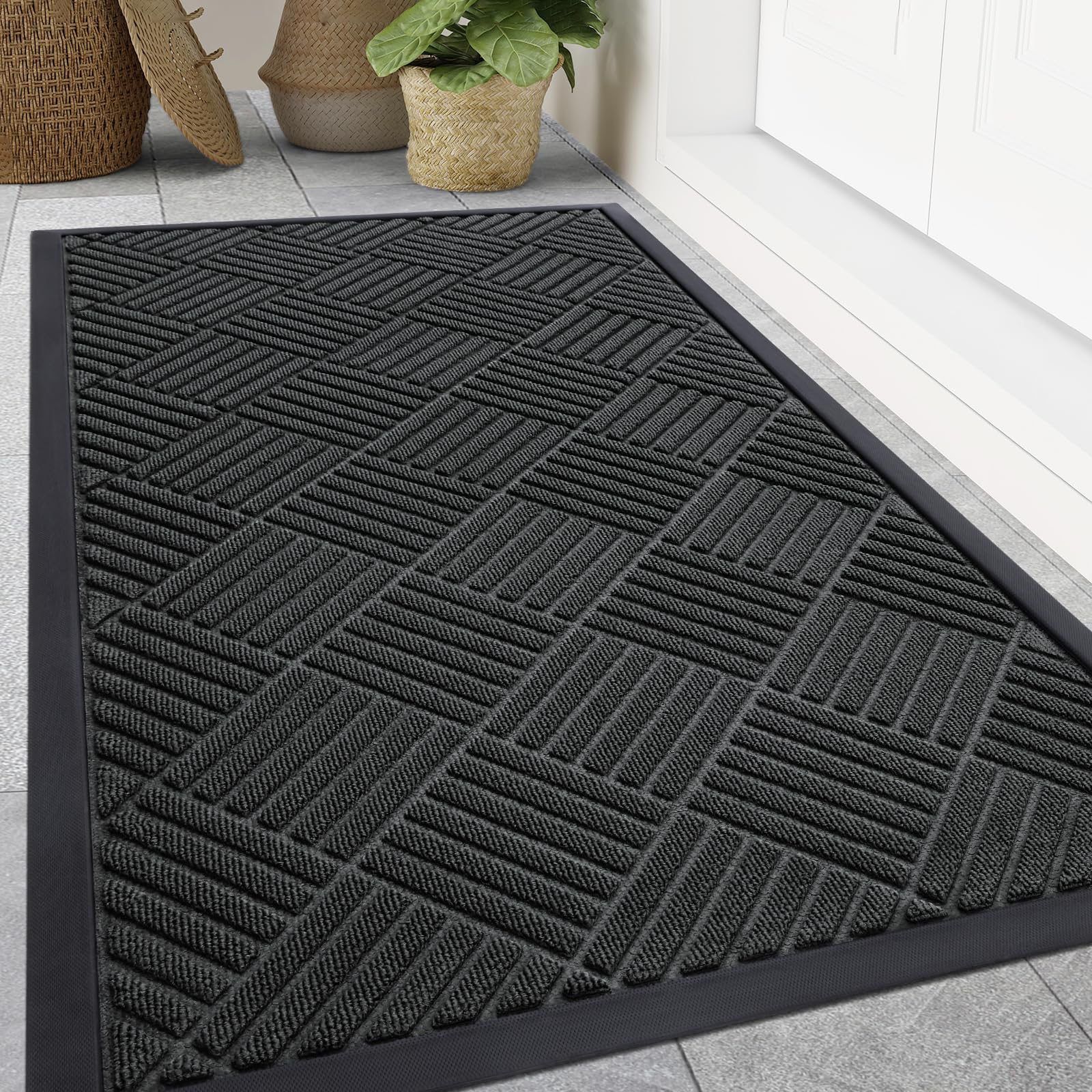 Smiry Front Door Mat Outside Entrance, Heavy Duty Outdoor Indoor Natural Rubber Doormat, Non Slip, Trap Dirt and Moisture, Easy Clean, Low Profile Patio Porch Entryway Mat, 59x35, Black Image