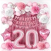 20th Birthday Decorations for Girls Pink Number 20 Balloon Bow Coquette Happy Birthday Banner Fringe Curtain Paper Pom Poms Star Heart Foil Pink White Balloons 20 Year Old Party Decor for Her