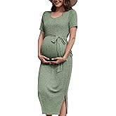 guruixu Crewneck Maternity Dress Ribbed Knit Short Sleeve Slim Fit Side Slit Bodycon Long Pregnancy Dress