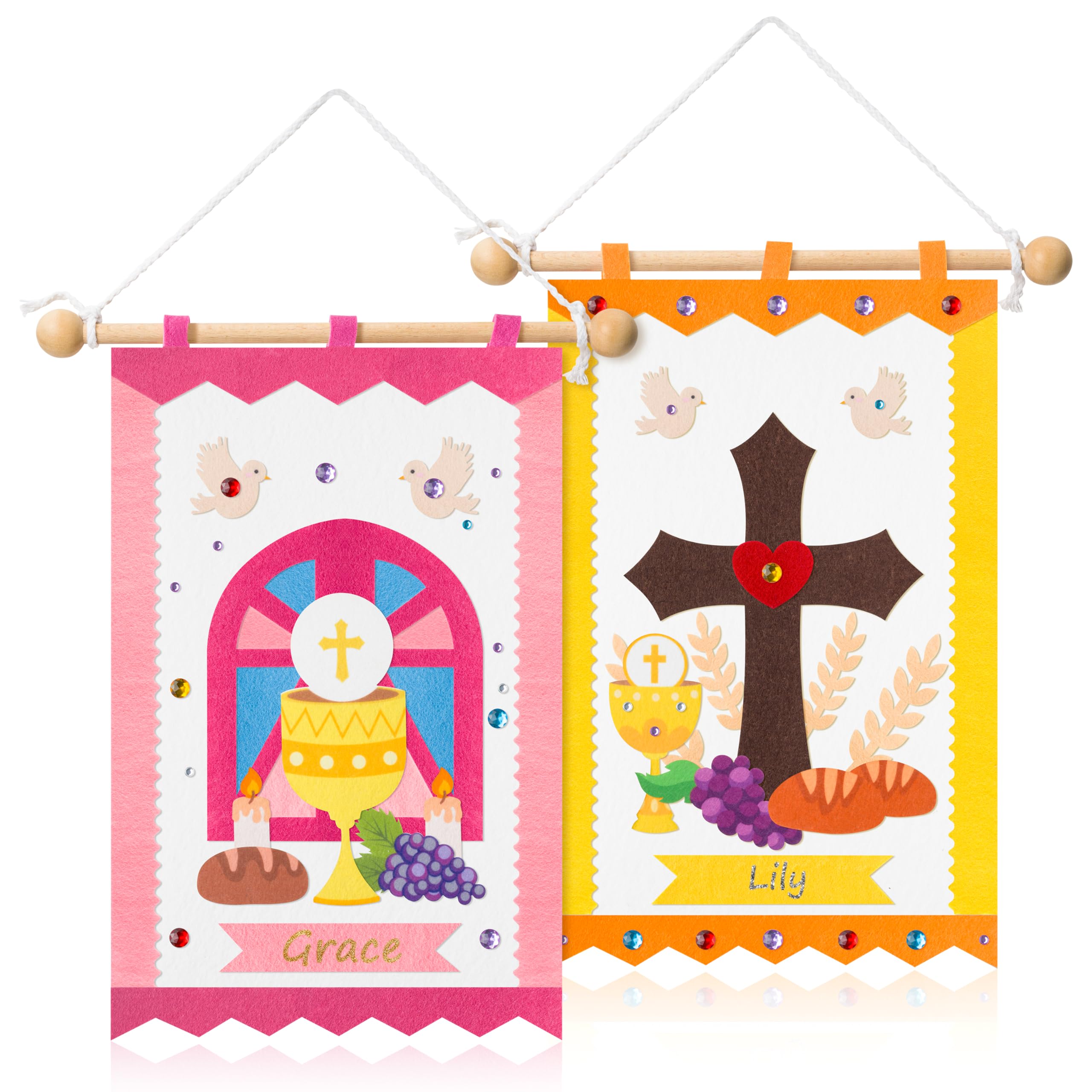Photo 1 of WATINC First Communion Banner Kit - 2 Set Holy 1st Communion Felt Banner Kit Make Your Own Baptism Christian Cross DIY Craft Decorations, Sunday School Church Hanging Crafts Supplies for Girls (Pink)