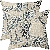 Navy Blue Beige Dahlia Pillow Covers 18x18 Set of 2 Rustic Geometric Flower Outdoor Cream Decorative Throw Pillows Summer Floral Farmhouse Pillowcases Linen Cushion Case Decor for Home Sofa Couch Bed