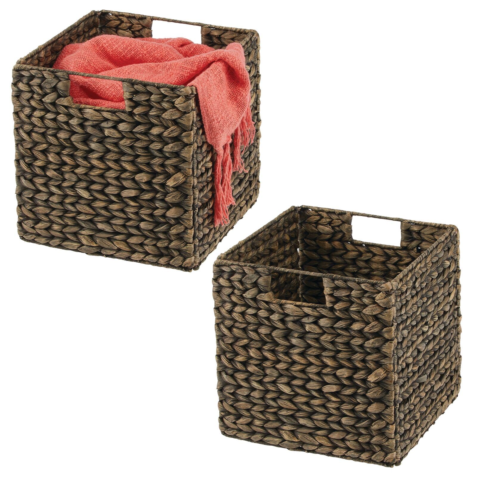 mDesign Set of 2 Storage Basket – Foldable Water Hyacinth Storage Box – Basket Storage Unit Ideal for Storing Clothes, Toys or Magazines – with Wickerwork Pattern – Black