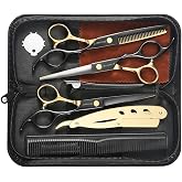 Wenshall Professional Black Gold Hair Scissors 6.89" Teeth Japanese Stainless Steel Multifunctional Salon Thinning Scissors Straight Shears Tools for Men Women Home Salon Barber