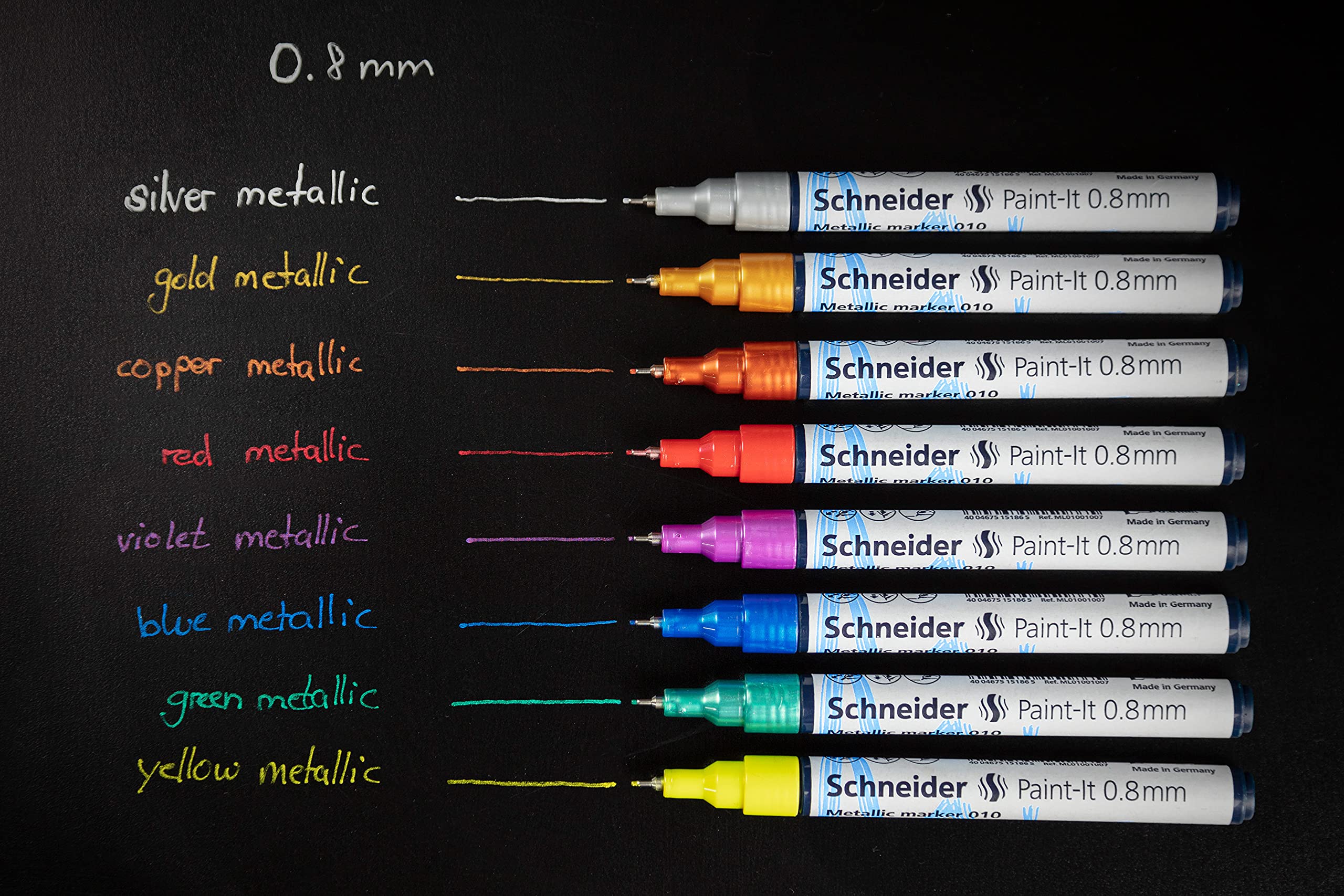 Schneider Paint-It Metallicmarker 4er Set (Set 1, Strichstärke 2 mm, neue Pigmenttechnologie, starker Glitzereffekt) blau, grün, rot, gelb 2