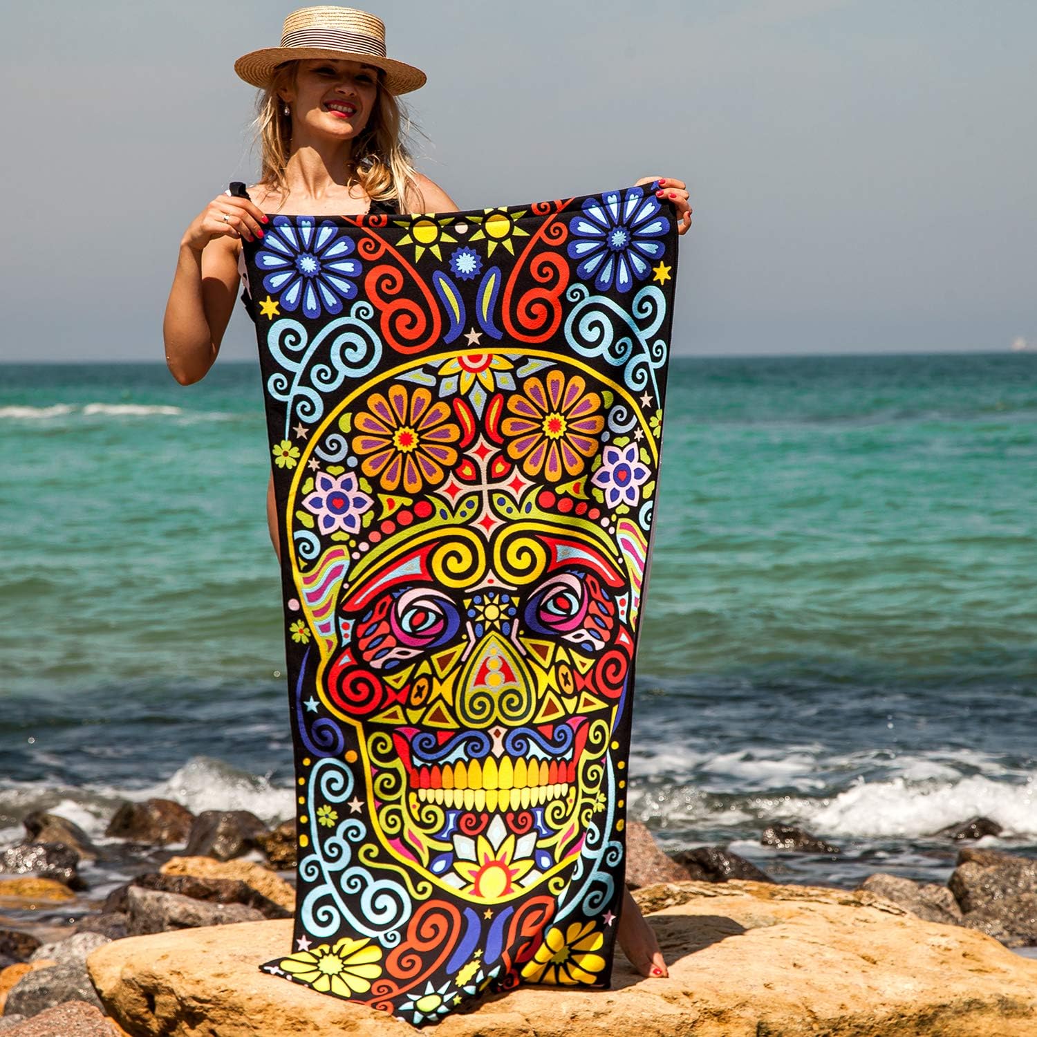 Microfiber Sand Free Beach Towel Super Absorbent Lightweight ThinTowel Blanket for Travel Pool Swimming Bath Camping Yoga Girl Women Men Square Special-Shaped Towel (Color Skull)