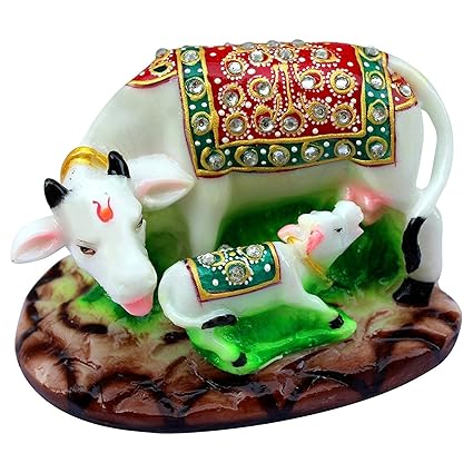 Chungroo Handcrafted Stones Studded Marble Made Kamdhenu Cow With Calf Idol- Gift