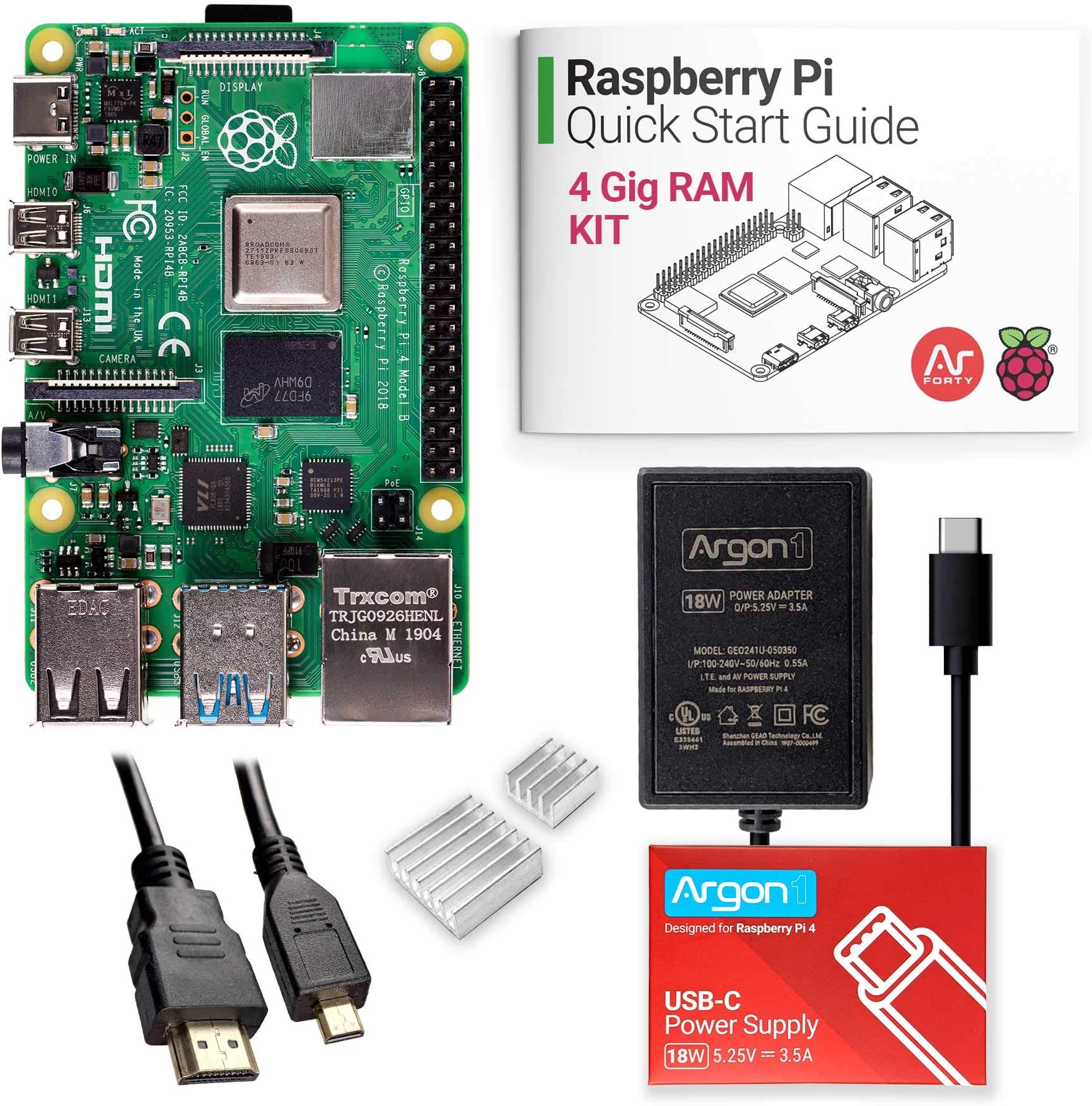 Argon x Raspberry Pi 4 Kit (4 Gig) | Barebones | Includes Micro HDMI to HDMI Cable, Type-C Power Supply, and Quick Start Guide for Raspberry Pi 4