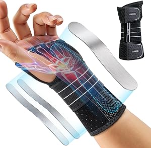 Rakiie Handgelenkstütze, Verstellbare handgelenk bandagen mit 3 Metallschienen, handgelenkbandage für Männer und Frauen, kein Druck auf den Daumen, Schienenstabilisator, Grau, Linke Hand, M