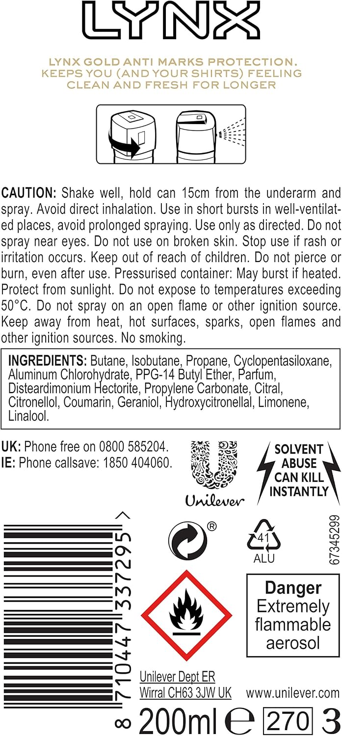 Lynx Gold Antiperspirant Deodorant For Men And Teenagers, Clean And Fresh Fragrance, Long Lasting Anti Sweat And Body Odour Protection Spray Bulk 2 Months Supply (6 x 200ml) - Image 3