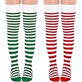 Pistha Christmas Striped Thigh High Socks for Women Xmas Green Red White Striped Long Socks Stockings for Christmas Costume,2 Pack