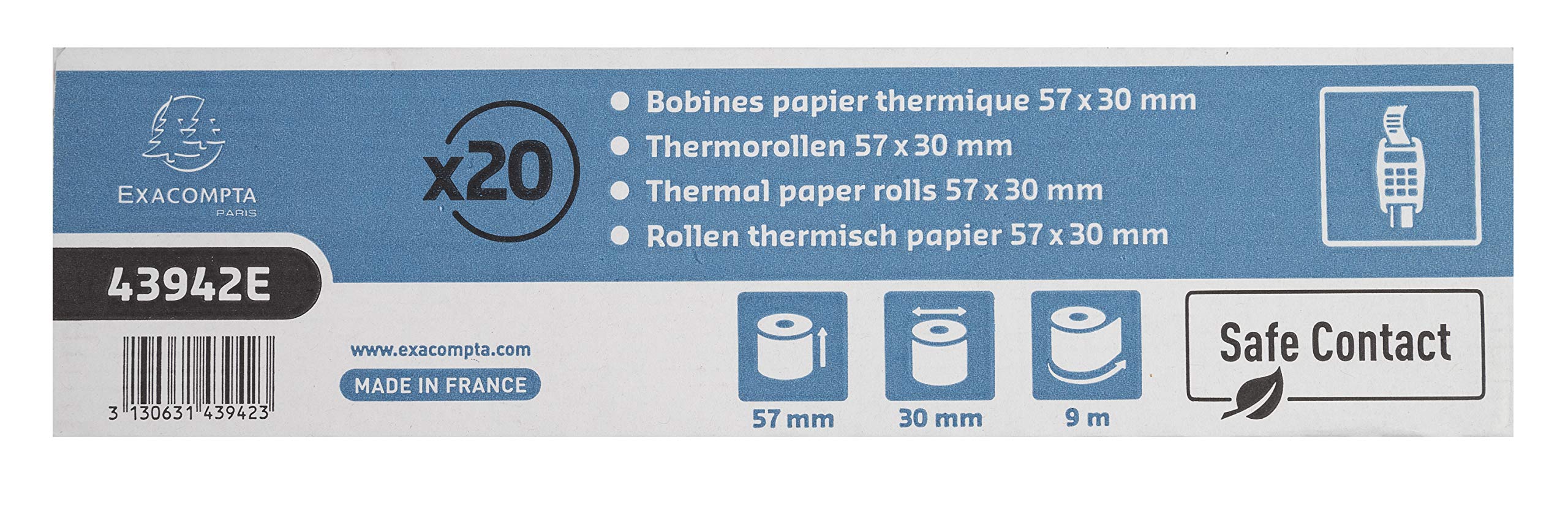 Exacompta - Ref 43942E - Safe Contact Credit Card Machine Rolls - 57mm Wide x 30mm Diameter x 9m in Length, Phenol Free, FSC-Certified Paper - Pack of 20