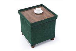 AO LEI 15 Inches Storage Ottoman with Wooden Legs, Cube Foot Rest Stool/Square Footstool Storage for Living Room, Foldable Fabric Ottoman, Comfortable Seat with Lid, Space-Saving Green