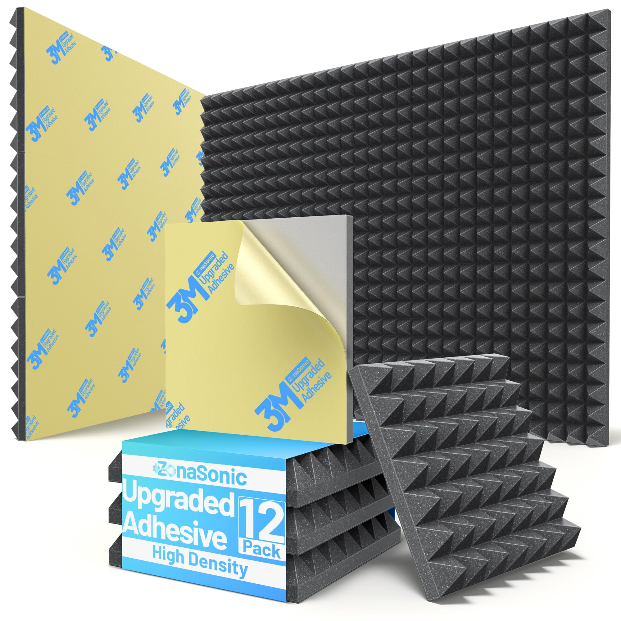 Photo 1 of 12 Pack Pyramid Sound Proof Foam Panels for Walls with Updated Self-Adhesive 2"X12"X12" High Density Acoustic Panels Sound Absorbing Fast-Expanding Soundproof Wall Panels for Gaming Studio Decor-Black