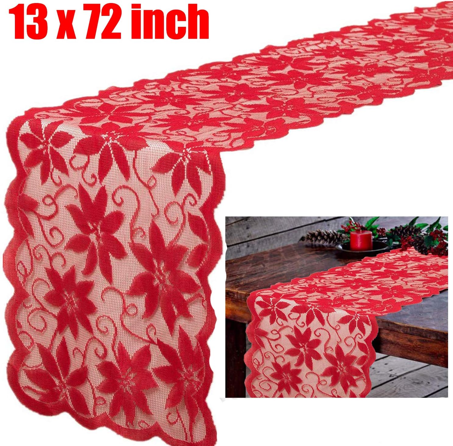 Christmas Table Runner Decorations, Red Lace Table Runner for Christmas Dining Festival Party Wedding Decoration Christmas Party Supplies (13x72 inch)